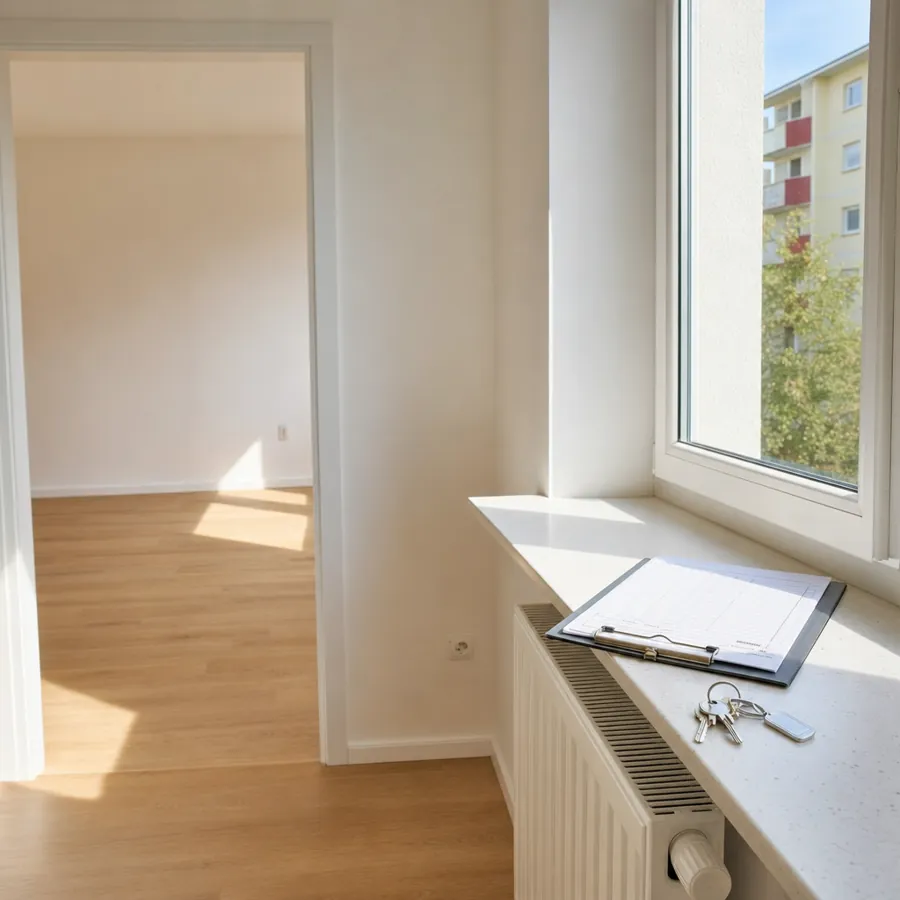 Leere, frisch renovierte Wohnung mit Schlüsselbund auf der Fensterbank, symbolisches, KI-generiertes Bild