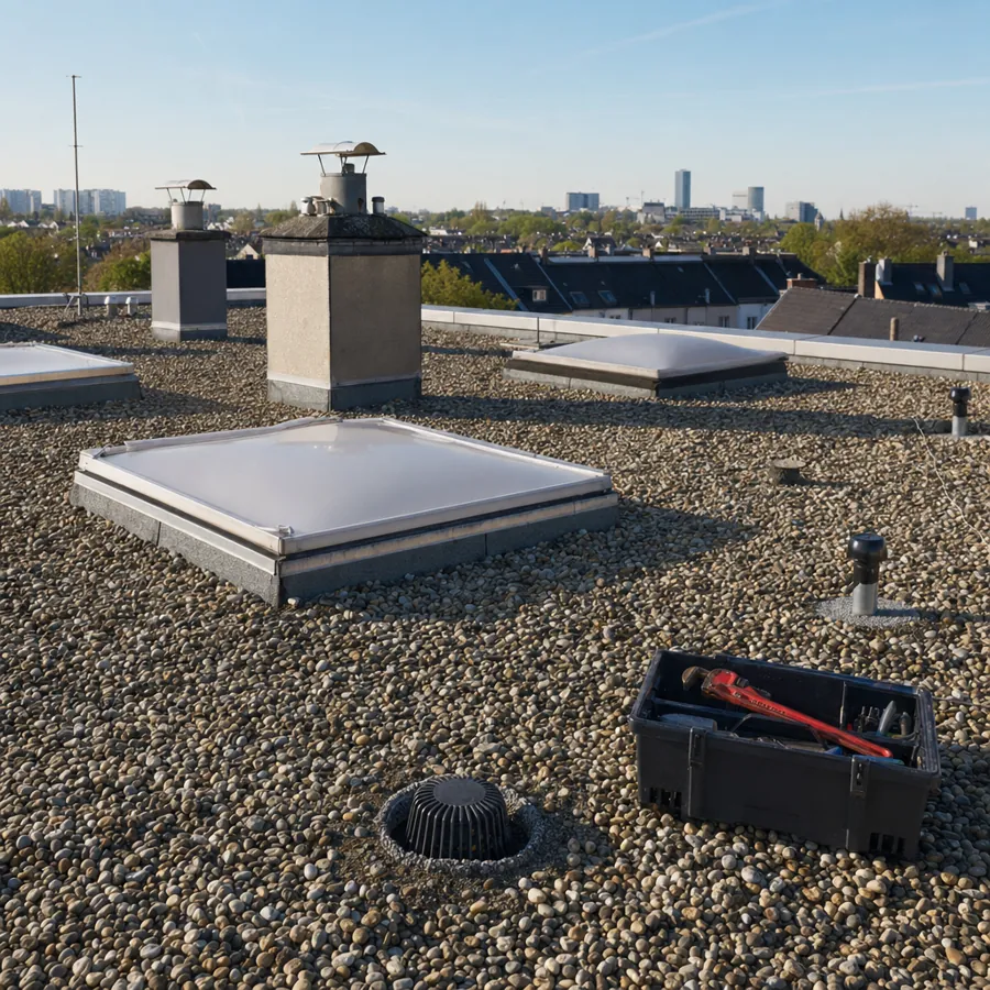 Flachdach eines Wohnhauses mit Werkzeugkiste und Blick über Düsseldorf, symbolisches, KI-generiertes Bild