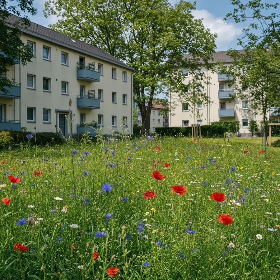 Blühende Blumenwiese in einer Wohnanlage in Wersten, symbolisches, KI-generiertes Bild