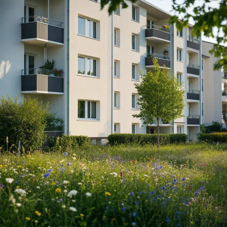 Gepflegtes Wohnhaus mit bienenfreundlicher Blumenwiese davor, symbolisches, KI-generiertes Bild