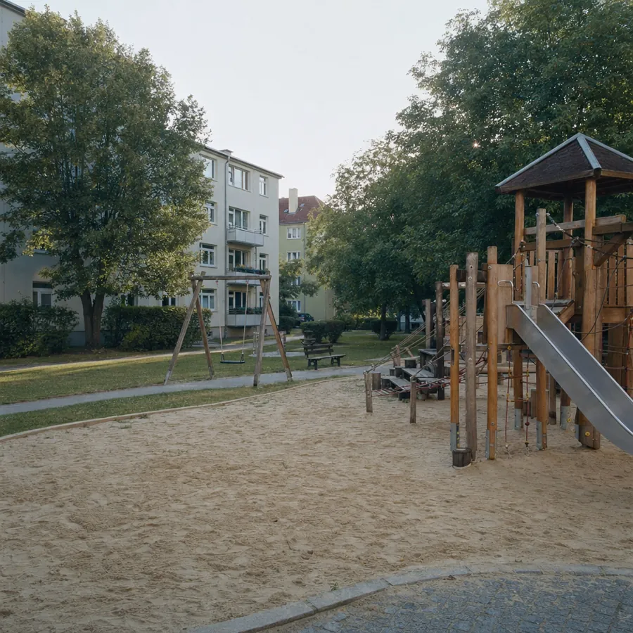 Spielplatz im Innenhof einer Wohnanlage, symbolisches, KI-generiertes Bild