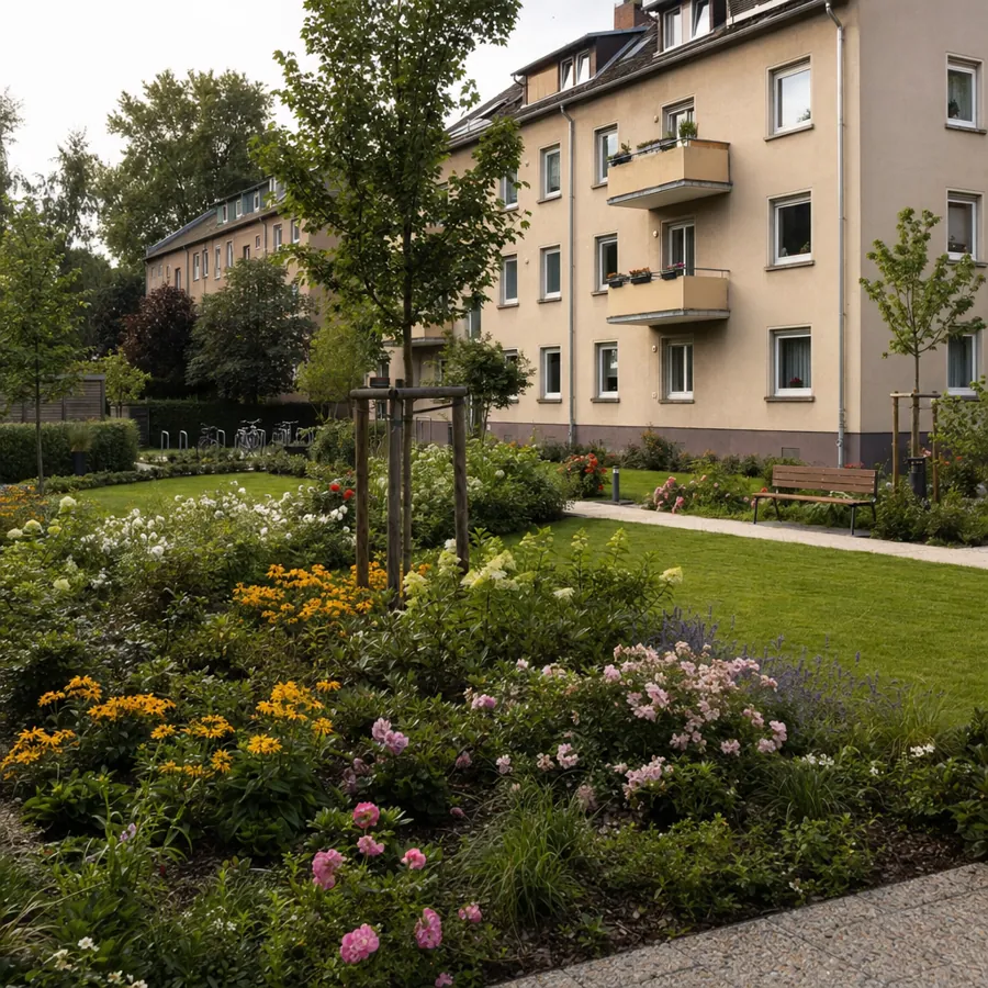 Blühende Gartenanlage im Innenhof einer Wohnanlage, symbolisches, KI-generiertes Bild