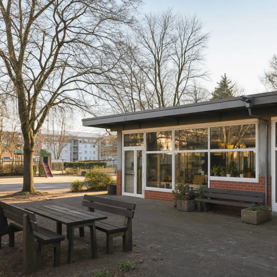 Quartierstreff mit angrenzendem Park und Spielplatz, symbolisches, KI-generiertes Bild