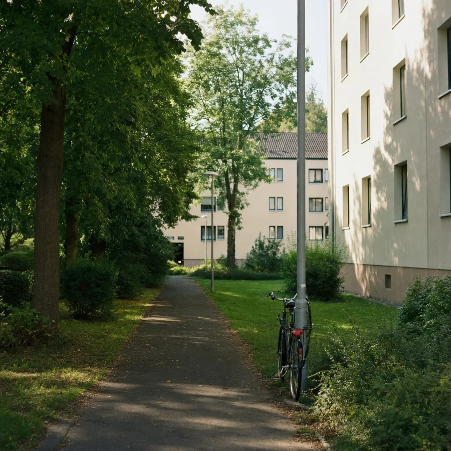 Fußweg durch die Grünanlagen einer Wohnsiedlung in Garath, symbolisches, KI-generiertes Bild