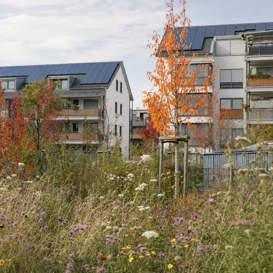 Blumenwiese mit Bienen vor Wohnhäusern mit Solardächern im Herbst, symbolisches, KI-generiertes Bild