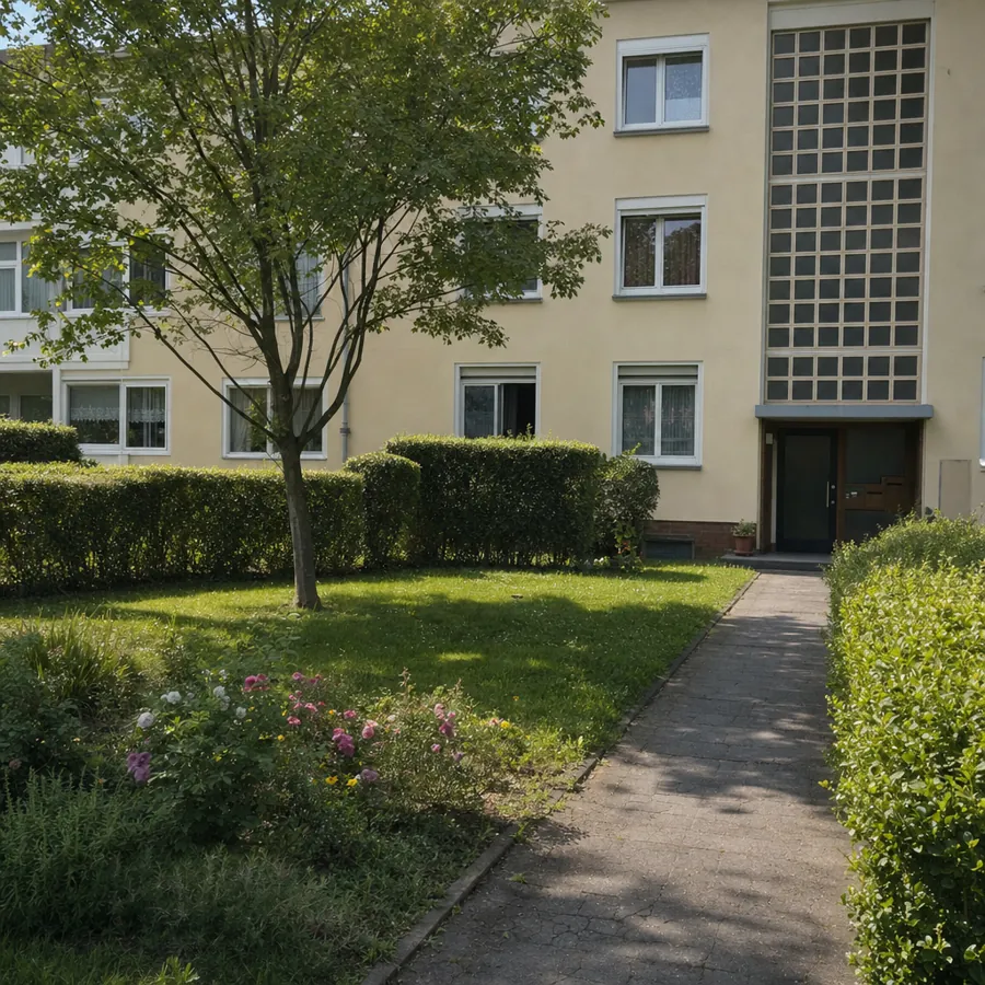 Gepflegte Gartenanlage vor einem Wohnhaus in Bilk, symbolisches, KI-generiertes Bild
