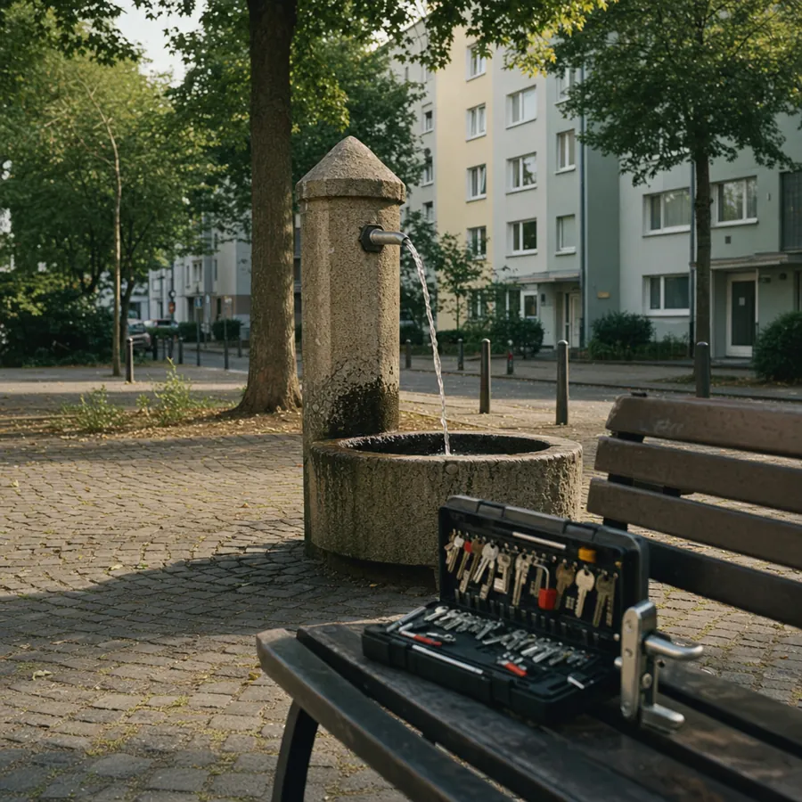 Brunnen an einer ruhigen Wohnstraße in Lierenfeld, symbolisches, KI-generiertes Bild