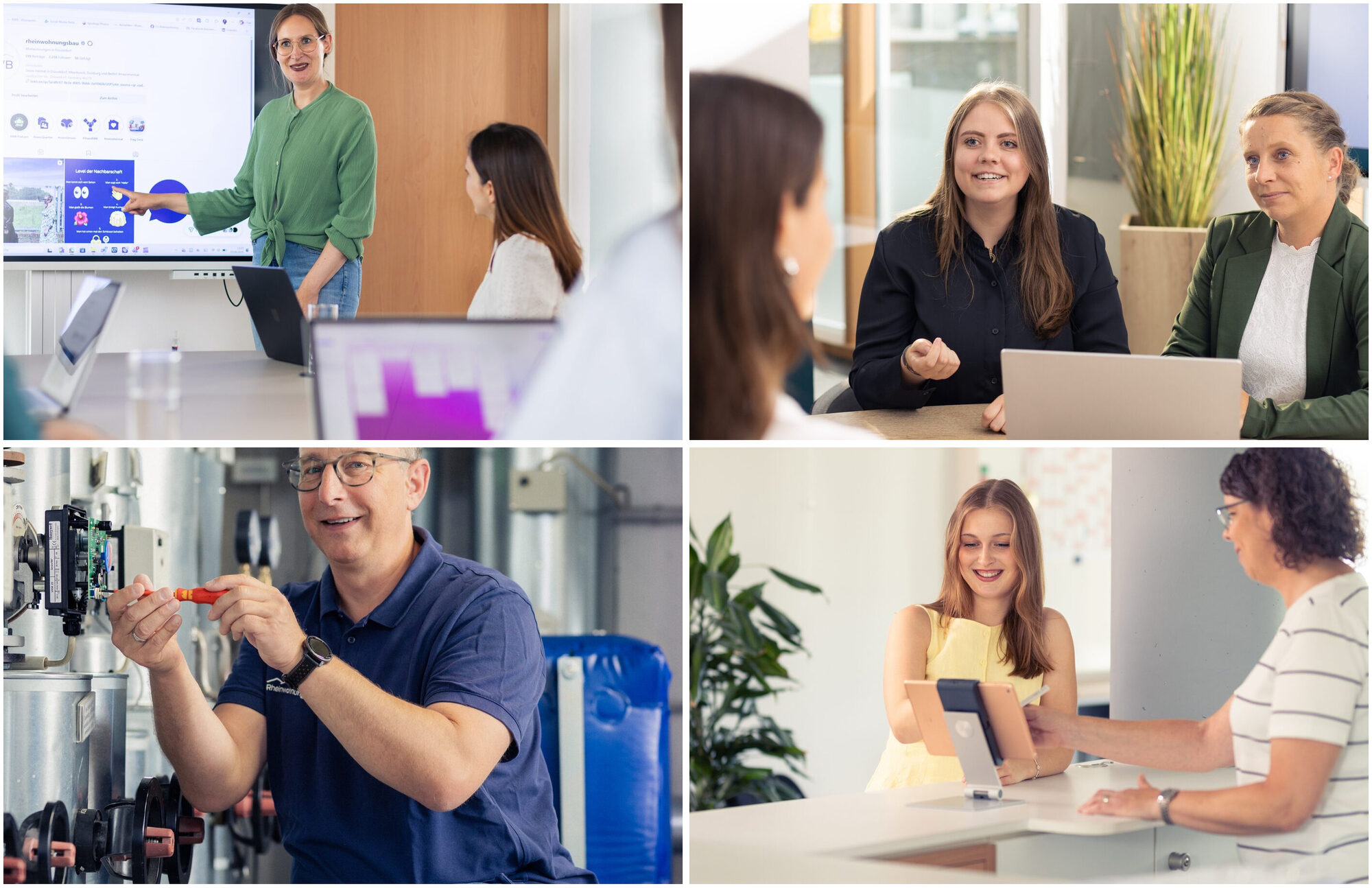 Mitarbeitende der Rheinwohnungsbau bei Beratung, Ausbildung und Technik