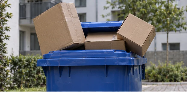 Große Kartons blockieren eine Papiertonne