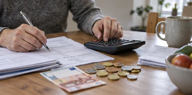 Haushaltsabrechnung mit Taschenrechner und Euro-Münzen