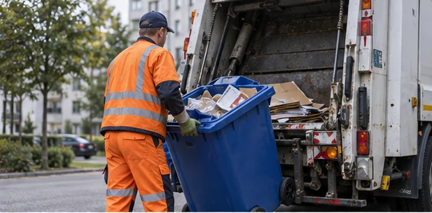 Mitarbeiter der Müllabfuhr leert eine blaue Papiertonne
