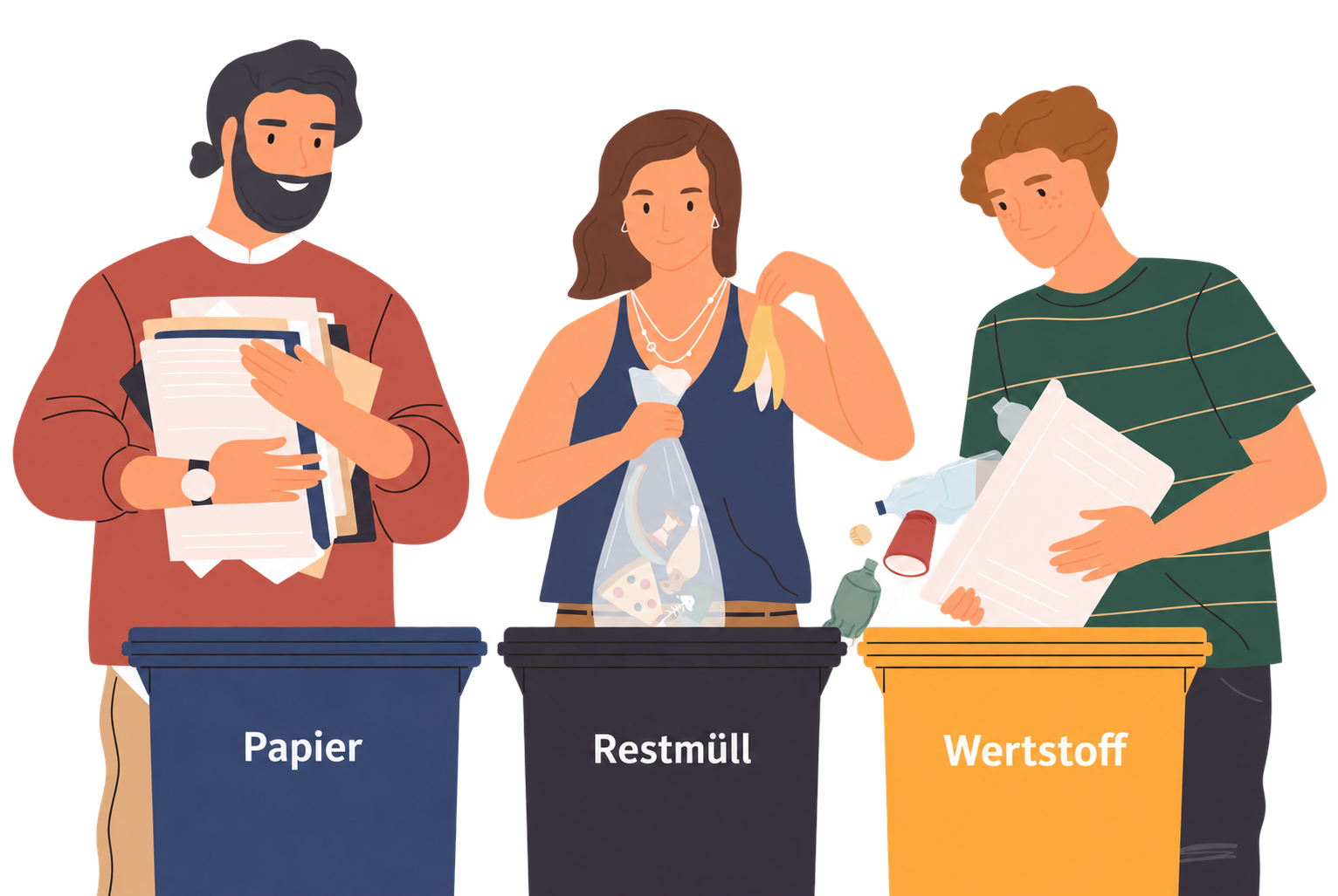 Illustration: Drei Menschen trennen Papier, Restmüll und Wertstoffe.