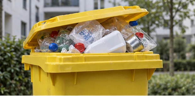 Überfüllte Wertstofftonne mit offenem Deckel