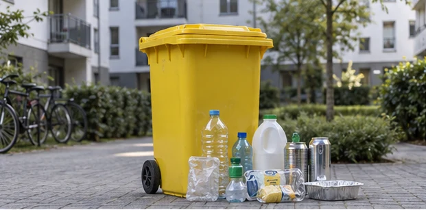 Gelbe Wertstofftonne mit Kunststoff- und Metallverpackungen