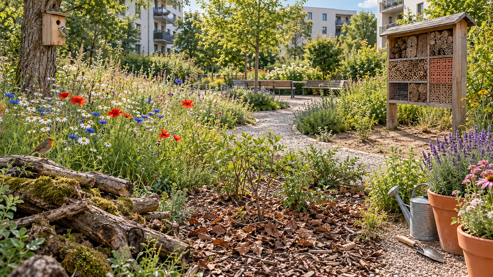 Fotorealistisch generierter Quartiersgarten mit Wildblumen, Hochbeet, Nisthilfen, Vögeln, Totholz, Pflanzgefäßen und Gartengeräten