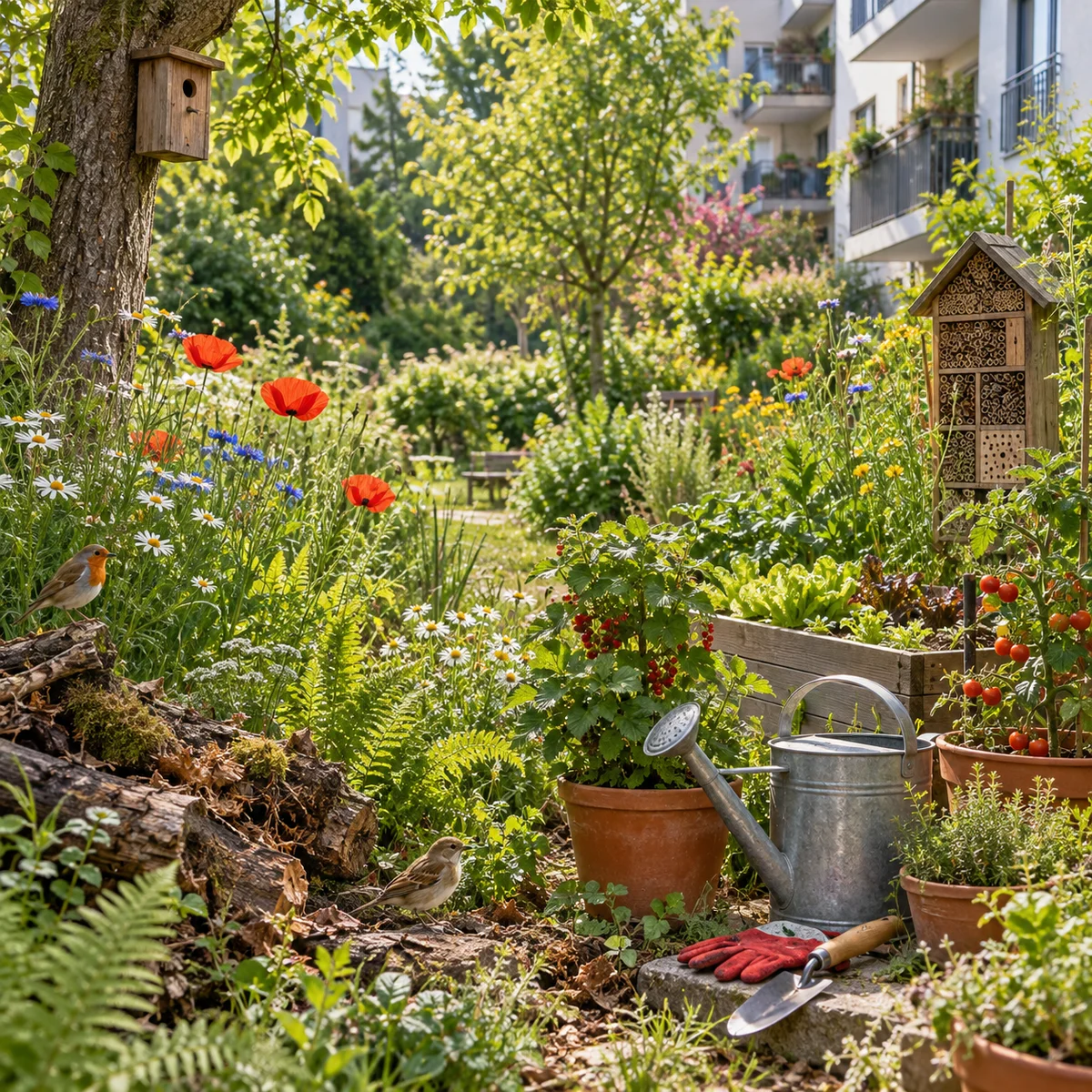 Symbolischer Naturgarten mit Blüten, Hochbeeten und Insektenhotel