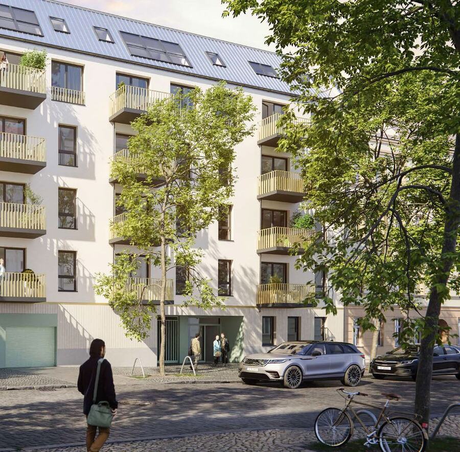 Visualisierung einer modernen Wohnanlage mit Balkonen und begrüntem Umfeld